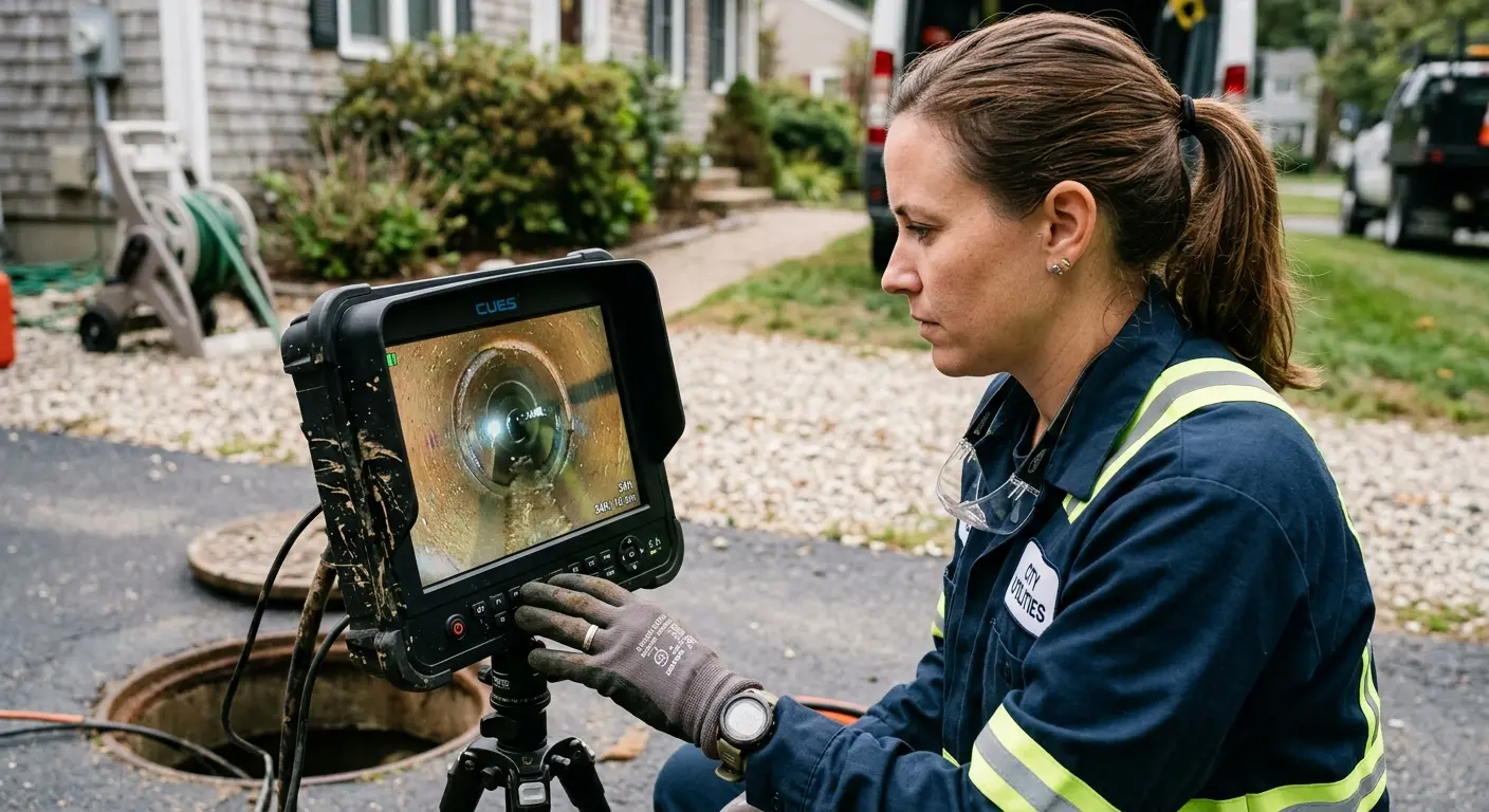 Technician reviewing sewer camera inspection footage in Four Corners